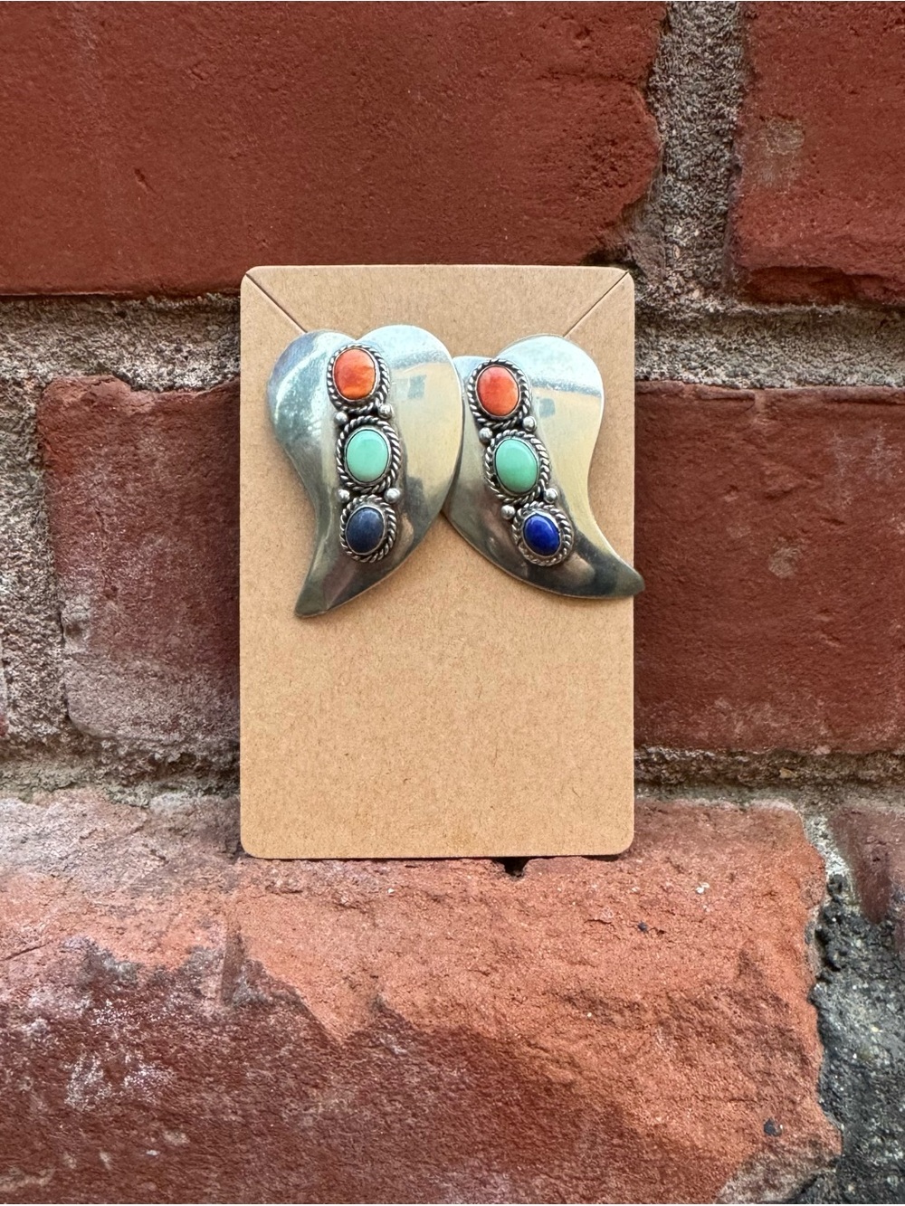 Native, Large Heart Earrings - Sterling, Lapis, Spiny Oyster & Turquoise - Picture 5 of 6